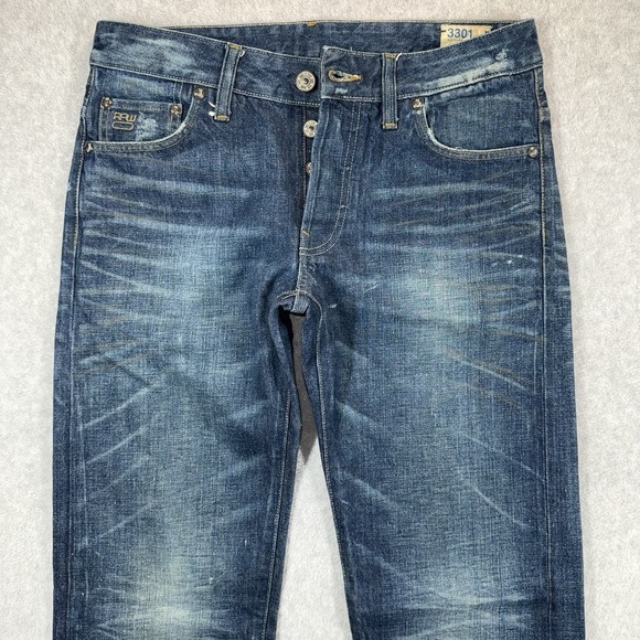 G Star Raw SELVEDGE Jeans Mens 31x34 Blue 3301 Tapered Dark Wash Faded NWOT - Picture 4 of 9